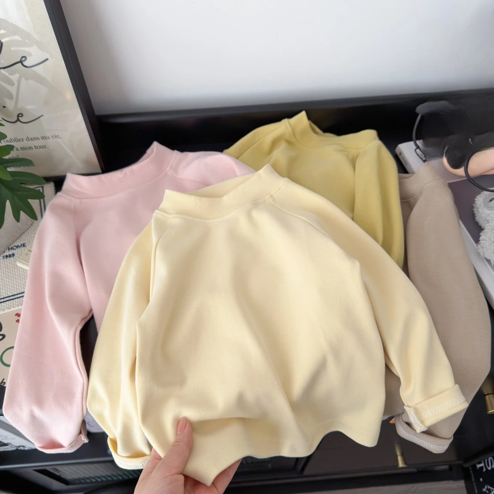 2026 New Soft Fleece Cotton Kids Super Soft T Shirt Thick Warm High Neck Boys Girls Versatile Undershirt Top Childrens Wear