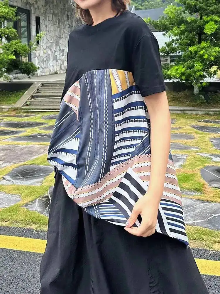 Black Printed Women Irregular Pleated Big Size T-shirt New Round Neck Short Sleeve FashionSpring Summer 2026 H6FW