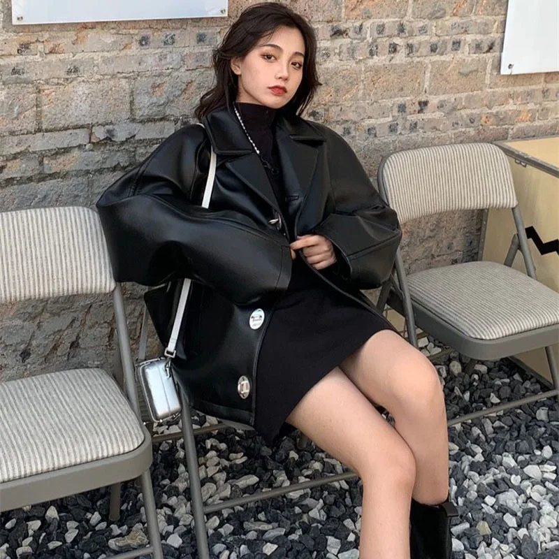 2025 Women Long Sleeves Leather Jacket Korean Lady Fashion PU Leather Outwear Spring Autumn Femme Solid Color Faux Leather Coat