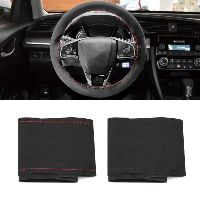 Universal 38cm Hand Stitched Black Suede Leather Car Interior Steering Wheel Cover Trim Protective Decoration With Needle Line