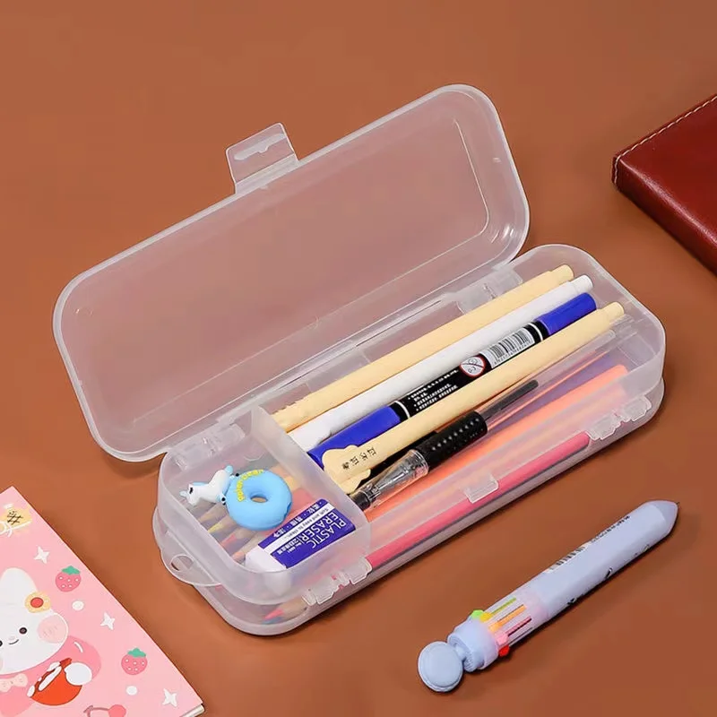 2Layer PP Plastic Transparent Pencil Case Double Layer Multifunction Pen Stationery Box Kids Large Capacity Storage Organizer