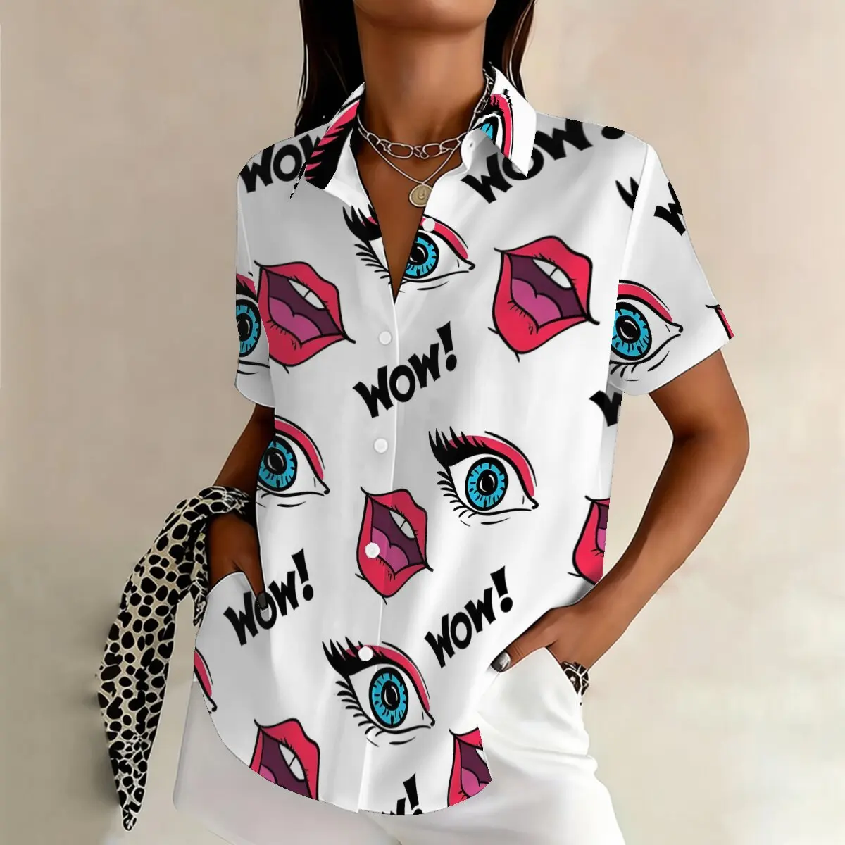 

Summer women's plus size loose casual mouth print short-sleeved shirt sexy style fashion print