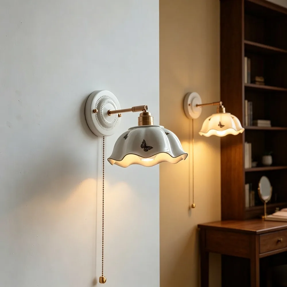 White Ceramic LED Wall Light Fixtures Copper Arm Socket Bedroom Living Room Beside Lamp Modern Wandlamp Applique Murale