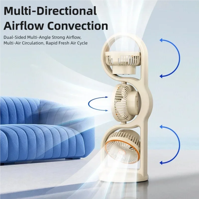 Portable Usb Rechargeable Three Head Fan 360 Degree Circulation 5 Speed Wind For Dormitory Outdoor And Desktop Use