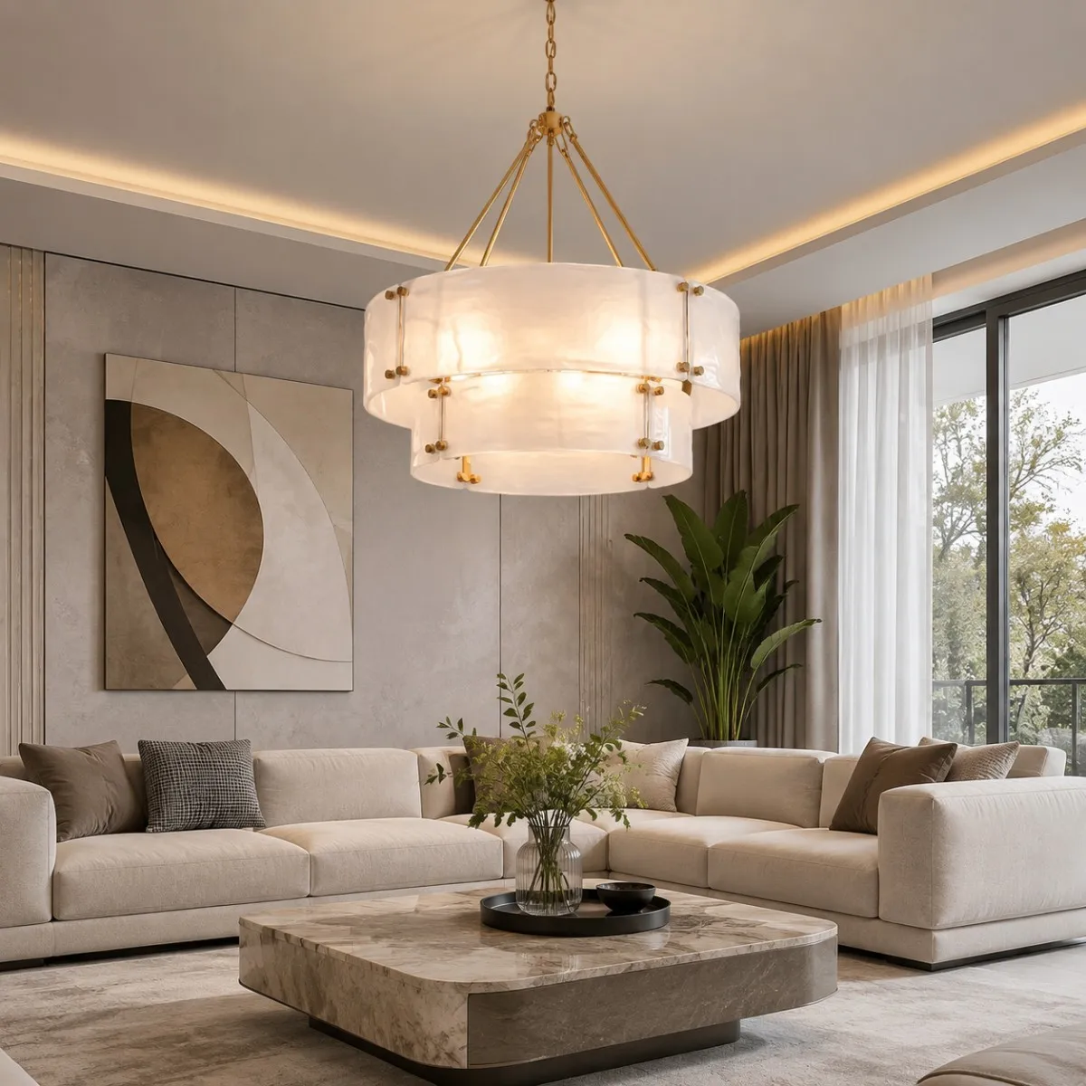 French Designer 2026 Tiered Curved Opal Glass Chandelier Gold Brass Frame Pendant Lamp Fixture for Dining Table Foyer