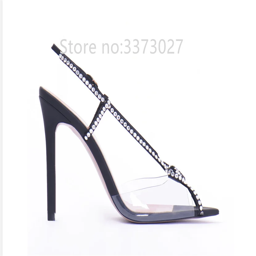 

Fashion plus size PVC transparent women sandals pointed open toe rhinestone stiletto heels luxury banquet party women shoes