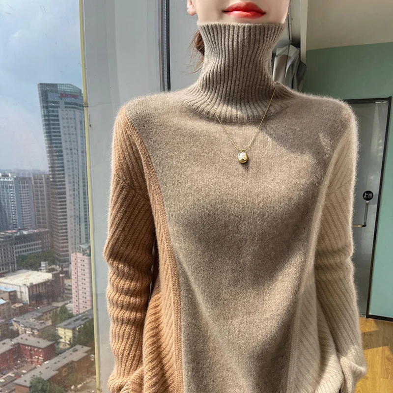 Autumn/Winter New Cashmere Sweater Women's Clothing Lapel Pullover Knitted Contrasting Base Sweater Fashion Korean Warm Tops