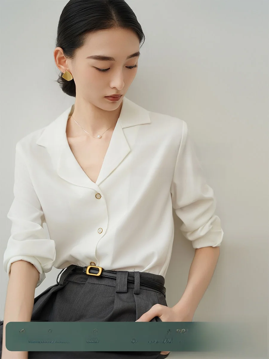 

Женская блузка Achu из шифона с кубинским воротником, белая, с отложным воротником, для офиса и деловых встреч, простой крой, длинный рукав, на пуговицах