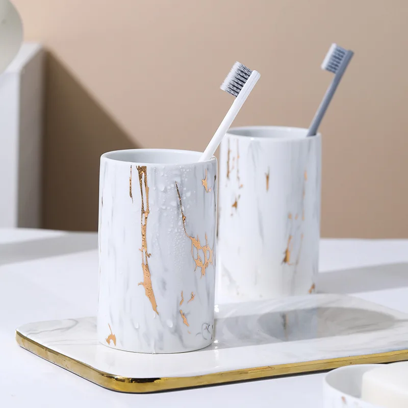 4-Piece Set Ceramic Bathroom Accessories Gold Marble Texture Toothbrush Cup Lotion Bottle Soap Dish Classical Bathroom Set