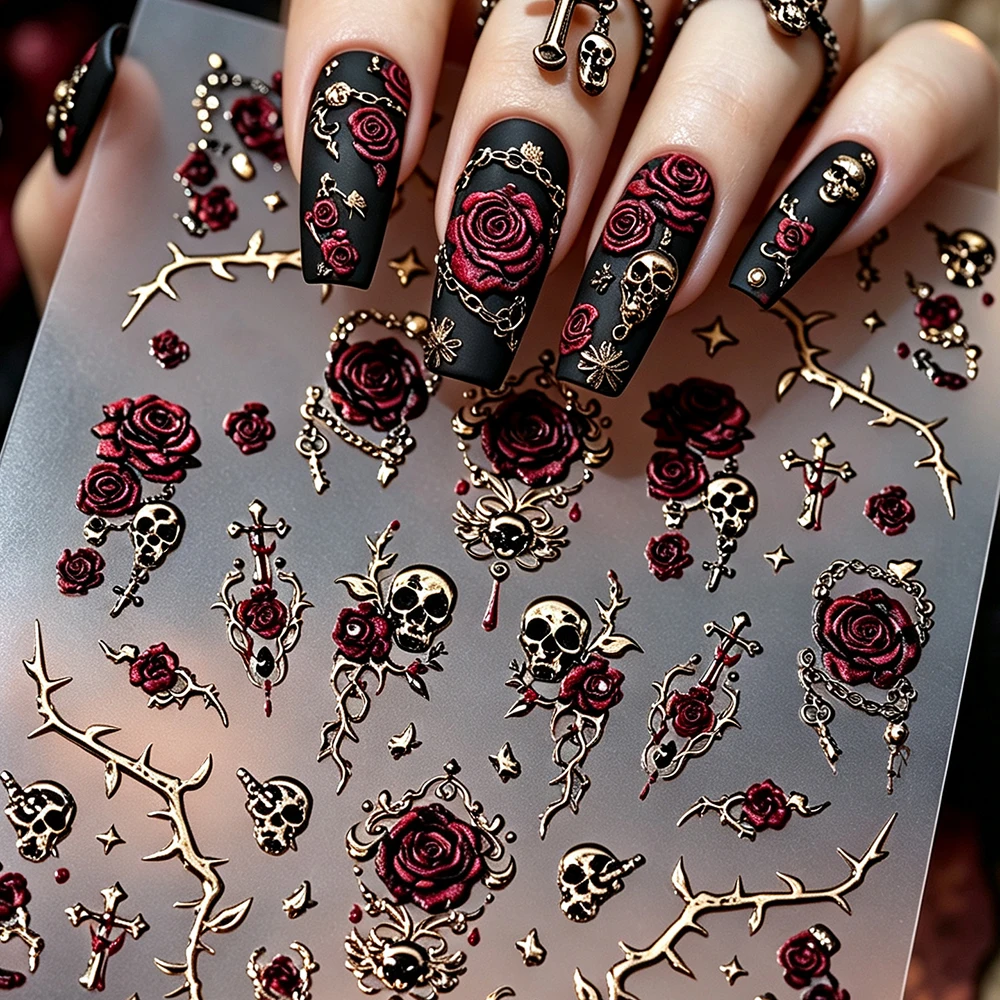 1 Stück 5D Bronzing Gold Totenkopf & Blutrose Nagelaufkleber 3D Metall Gold Kreuz Schlüssel Blumen Nagelsticker Selbstklebend Halloween Nägel