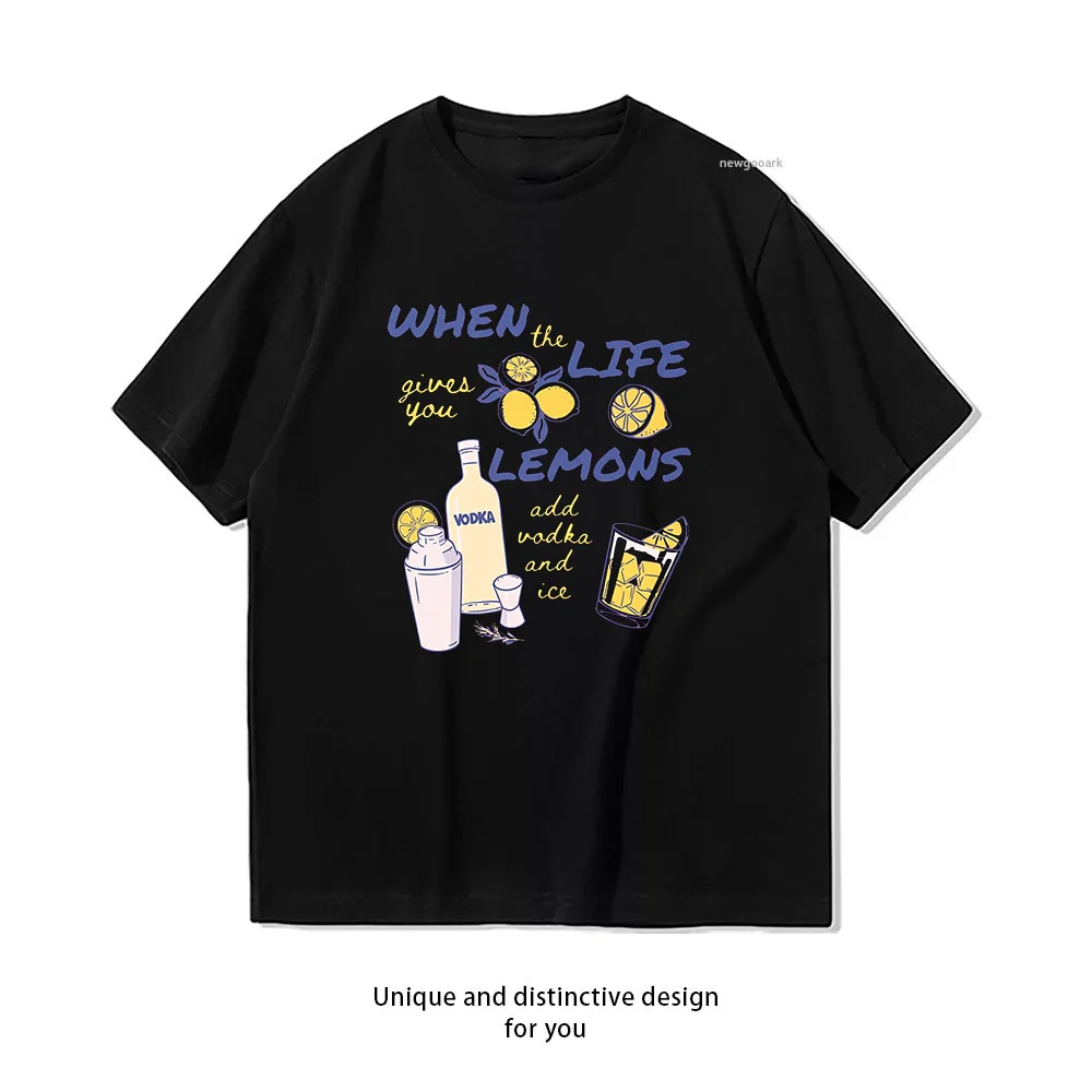 Funny Vodka When Life Gives You Lemons Add Vodka and Ice T-shirt Summer Cotton Woman Man Graphic T Shirts Adult O-neck Tops