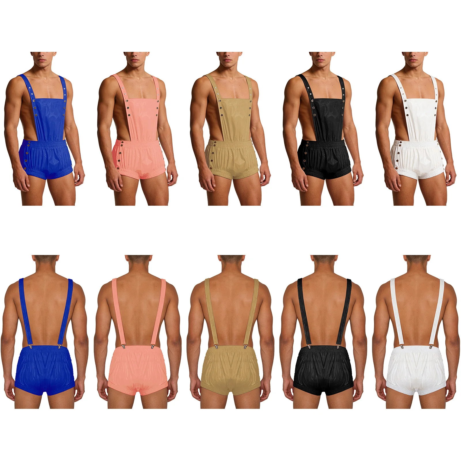 Mens Waterproof Tear-away Rompers Pressing Buttons Ruffled Trims Elastic Waistband Backless Overalls for Nightclub Single Party