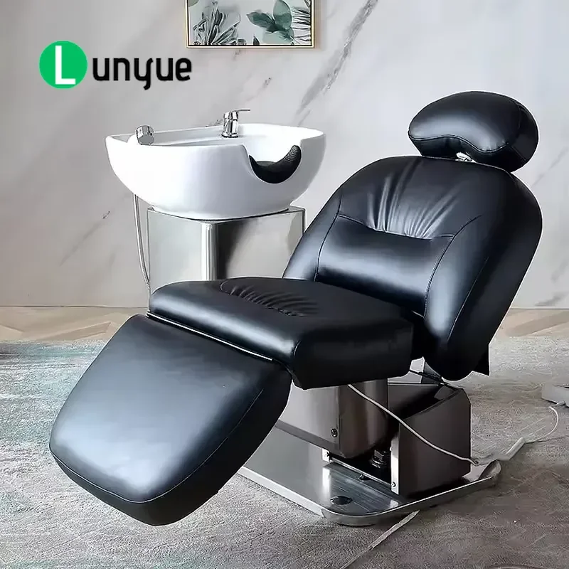 Modern Black Leather Electric Rotary Shampoo Chair with Steam Therapy Adjustable Wash Station for Hair Spa Barber Shop