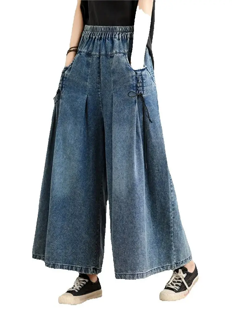 

Плиссированные джинсы, широкие брюки большого размера, женские эластичные повседневные свободные брюки с высокой талией, модные женские брюки