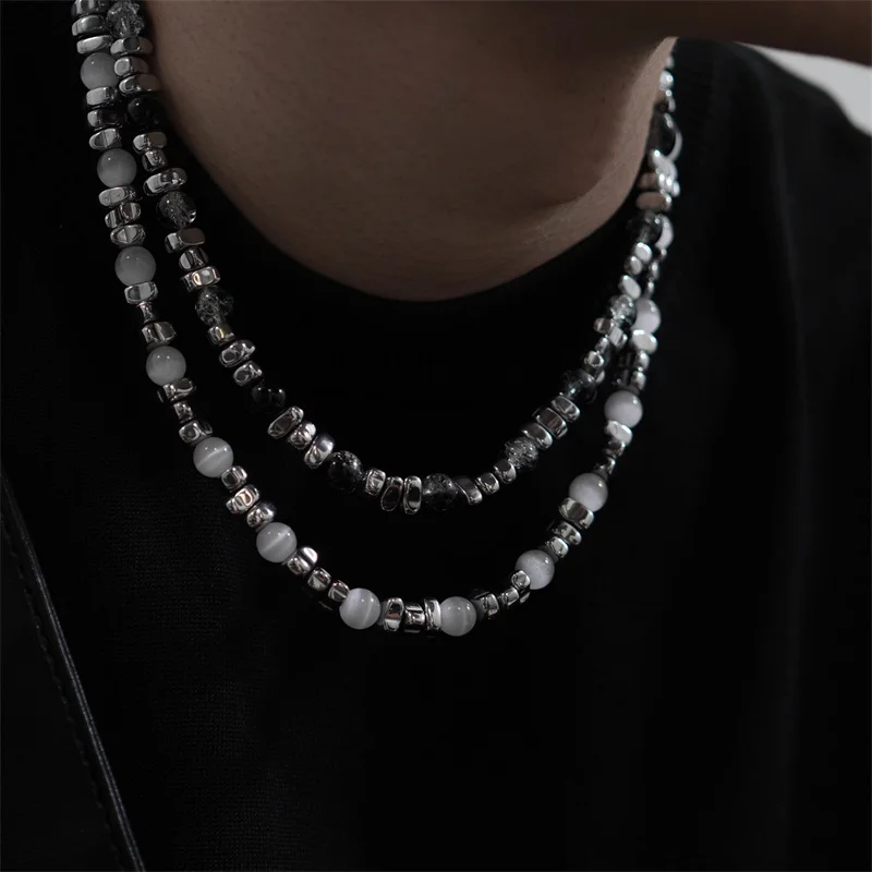 

Hip Hop Fashion Black Ice White Cat Eye Stone Bead Necklace for Men and Women Vintage Exquisite Street Party Jewelry Gift