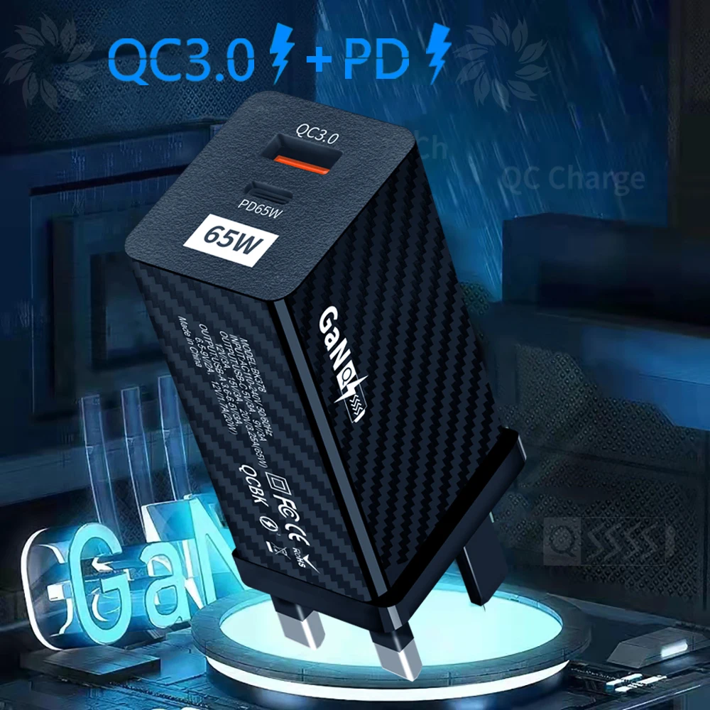 Cargador USB C GaN de 65W PD tipo C, adaptador de pared para teléfono móvil de carga rápida y rápida para iPhone 15 Xiaomi 14 Samsung