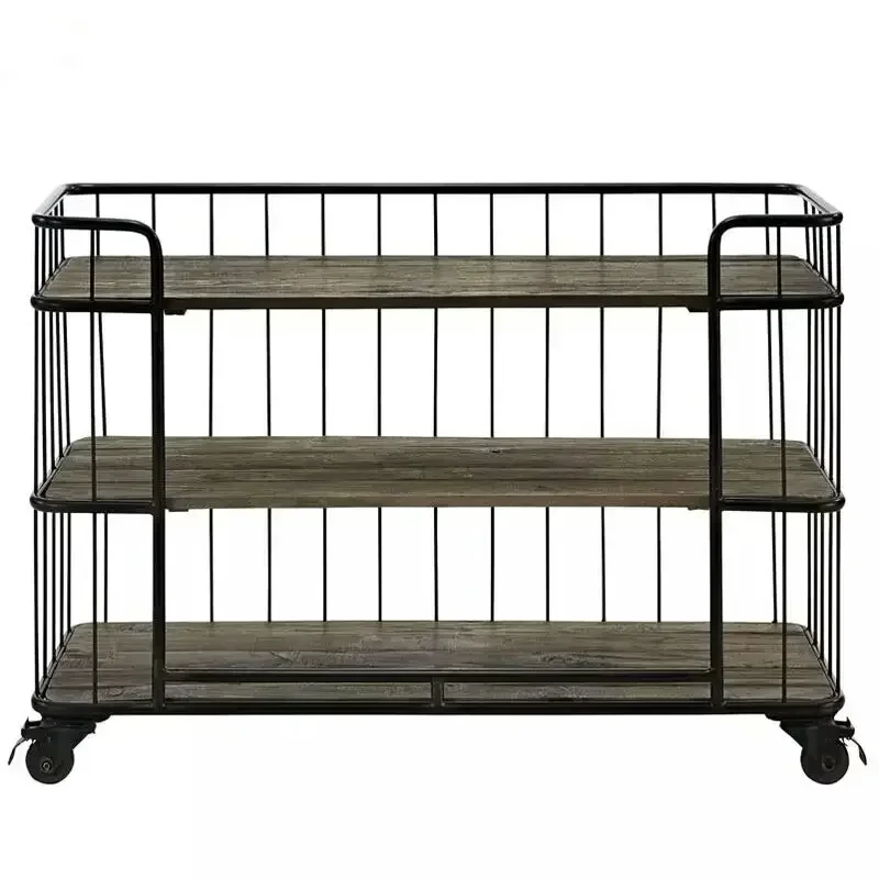 American retro solid wood wrought iron mobile dining car kitchen rack multi-layer storage rack