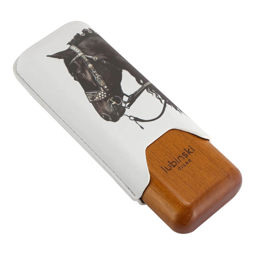LUBINSKI Cigar Case Travel Leather Portable 2 or 3 Tube Holder Wood Cigars Case With Horse Pattern
