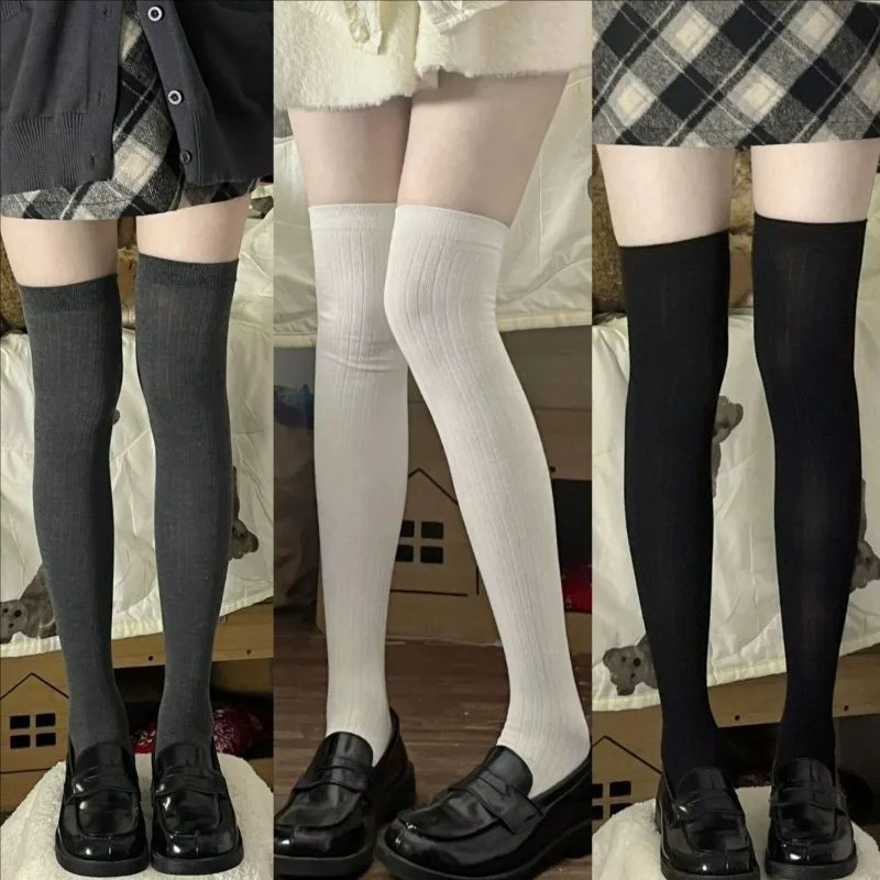 Wool Socks Women Autumn/Winter Solid Color Thigh High Medias Lolita Thick Warm Stockings Black White Long Leg Socks for Female