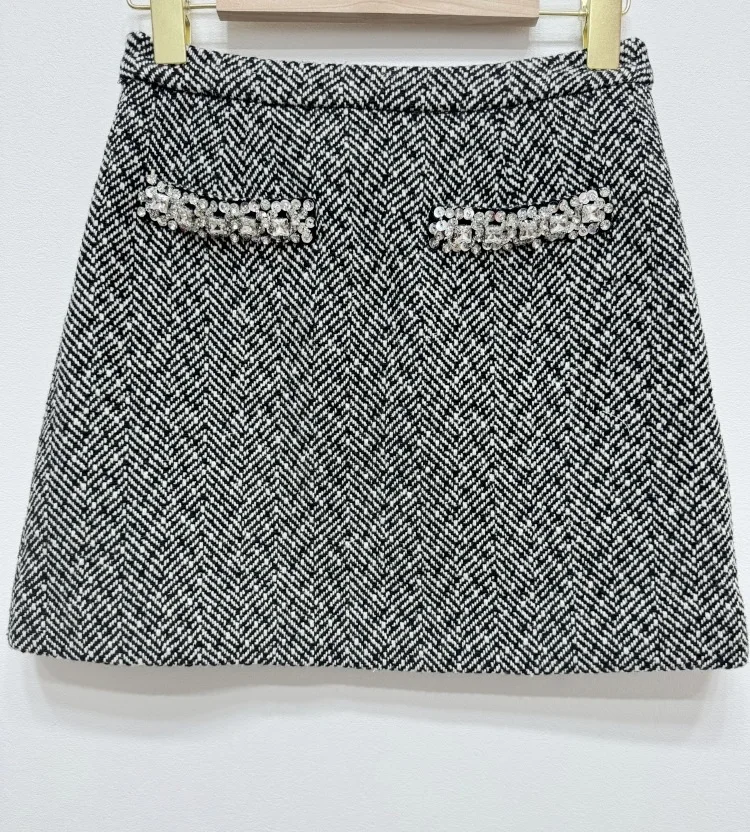 Quality Autumn Winter Diamonds Chain Tweed Two Piece Set Women Jackets Grey Suit Coats A Line Short Skirts 2pcs Outfits