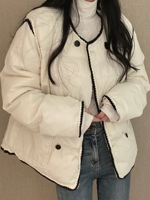 الشتاء Thiened فضفاض القطن Jaet صف مزدوج زر لصق Aosphere تحسس اللون بلو الدانتيل المرقعة المرأة ملابس خارجية