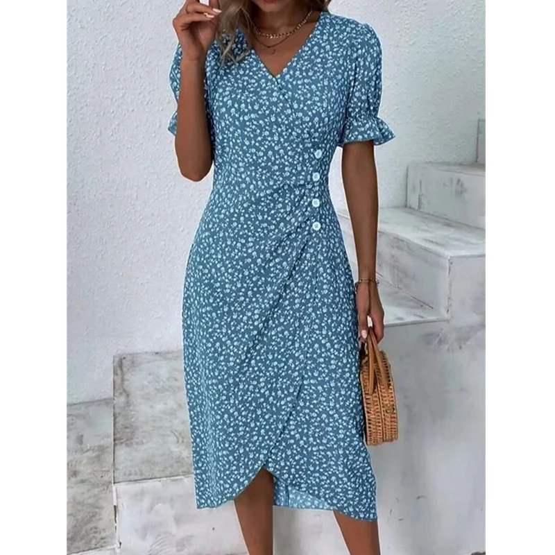 Ruched Button Irregular Elegant Party Dresses for Women Summer Fashion Floral Print V Neck Short Sleeve Slim Midi Dress Vestidos