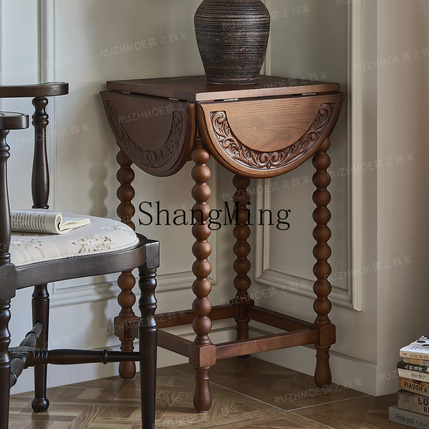 

FG semi-round coffee small apartment dining table medium antique solid wood folding leaf table