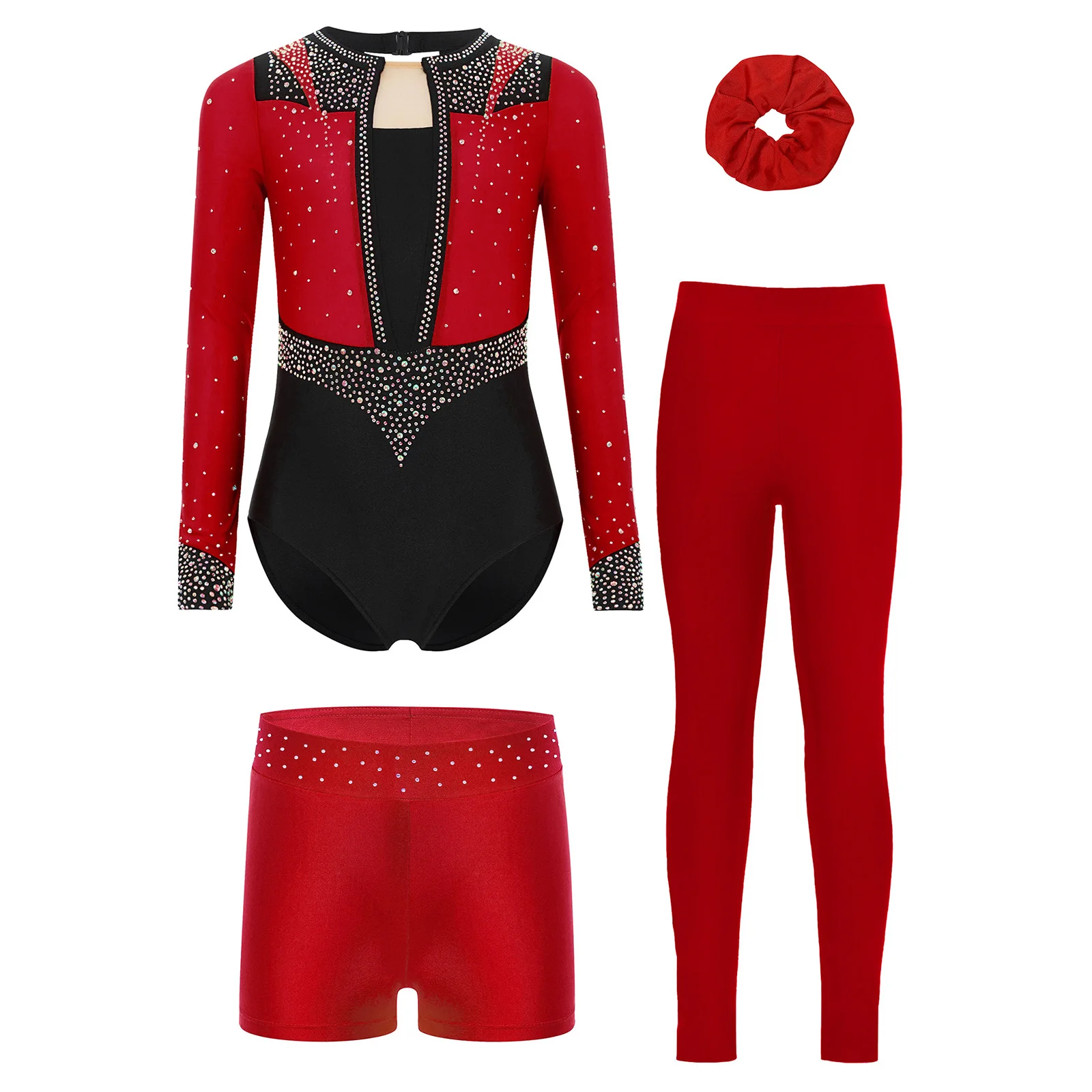 

Kids Girls Gymnastics Figure Skating Dance Costume Long Sleeve Keyhole Back Sparkly Rhinestones Leotard+Shorts+Leggings+Hairband