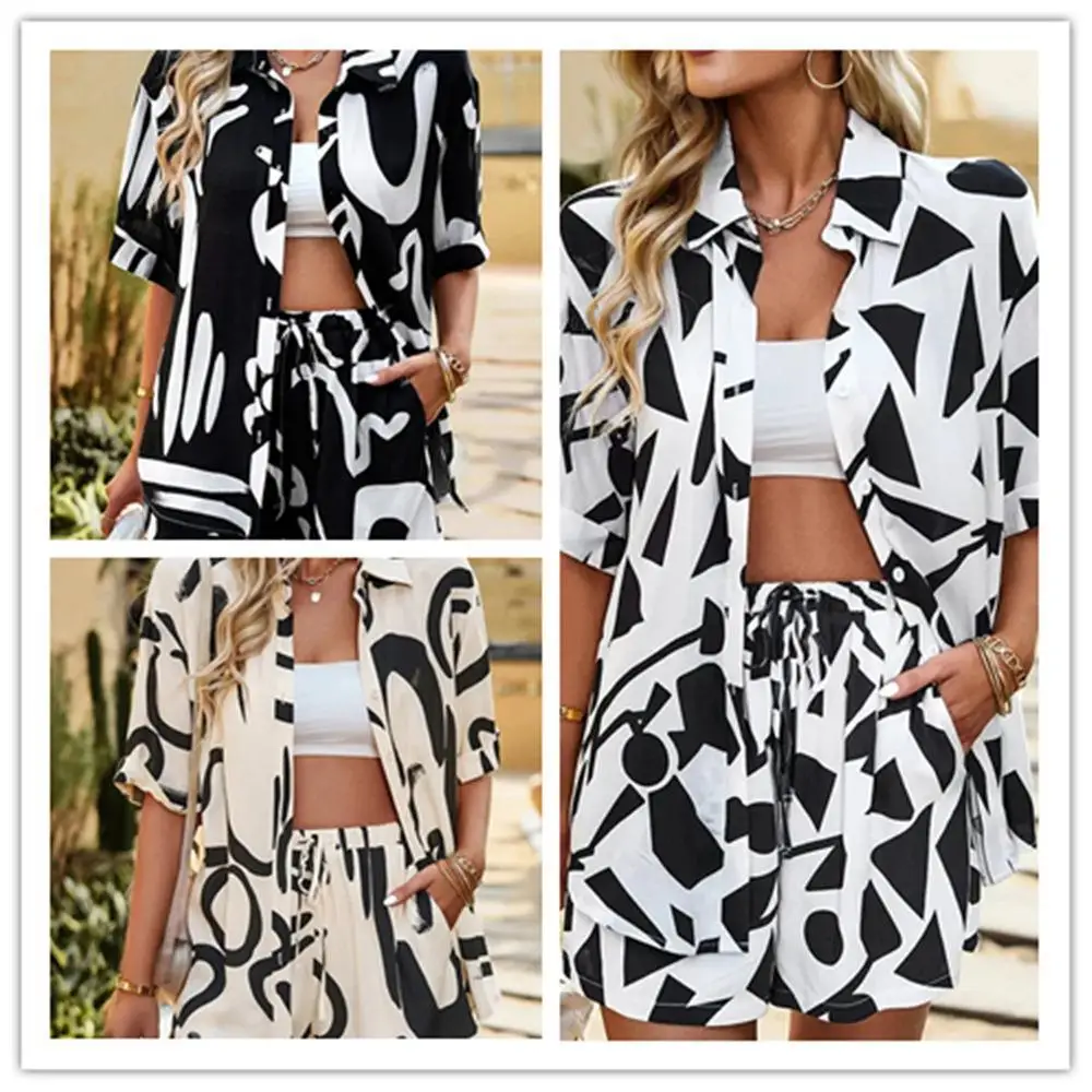Cross-border Amazon 2025 Summer New Fashion Print Suit Loose Casual Shirt Shorts Two-piece Set Cw50769