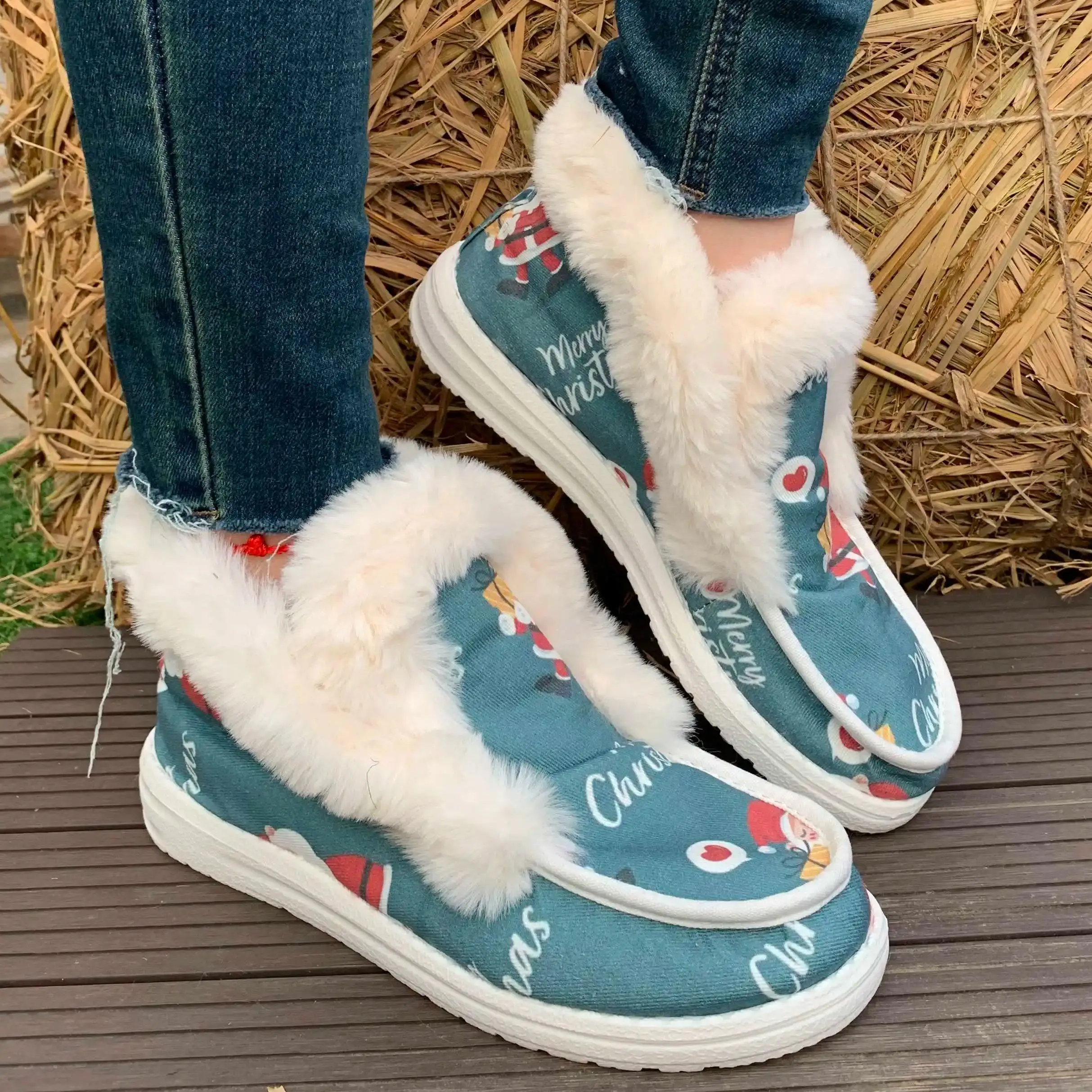 Botas de nieve informales de estilo deportivo de moda cálidas y gruesas con forro polar y estampado de regalo de Papá Noel azul nuevo de otoño e invierno, regalo de Navidad, zapatos de mujer informales ligeros y cómodos de suela blanda de gran tamaño