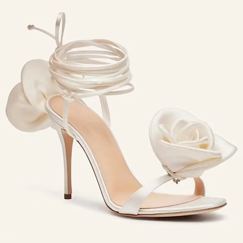 

Rose Flowers-Embellished Wedding Sandals Single Straps Ankle Straps Lace Up Stlietto Hollow Sexy Dress Party High Heels Shoes