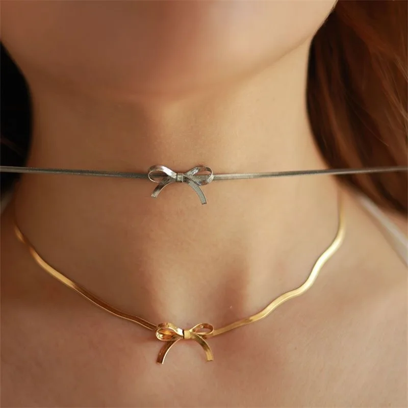 Stainless Steel Snake Bone Chain Necklace Women\'s Fashion Bow Water Drop Collarbone Necklace Exquisite Party Jewelry Girls Gift