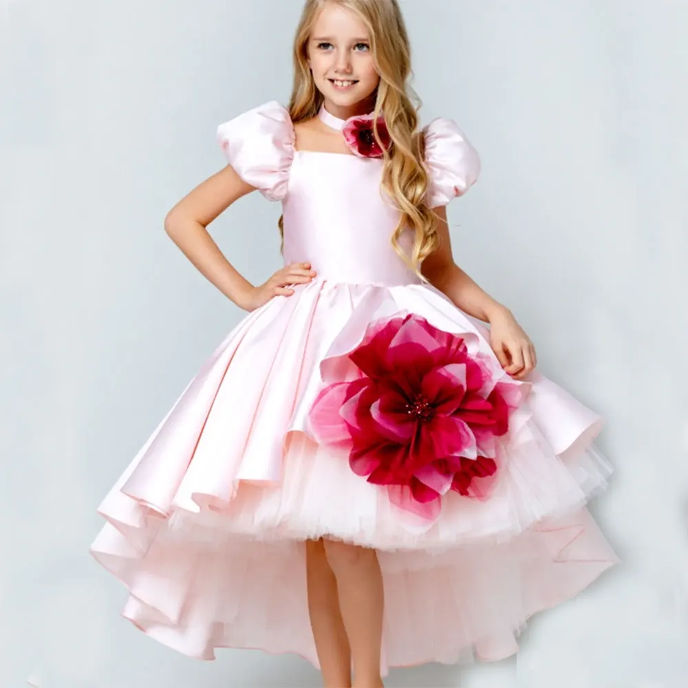 Jill wünschen elegante quadratische Kragen rosa Mädchen Kleid mit 3d Blumen Satin Ballkleid für Kind Hochzeit Geburtstag Kommunion Party j339