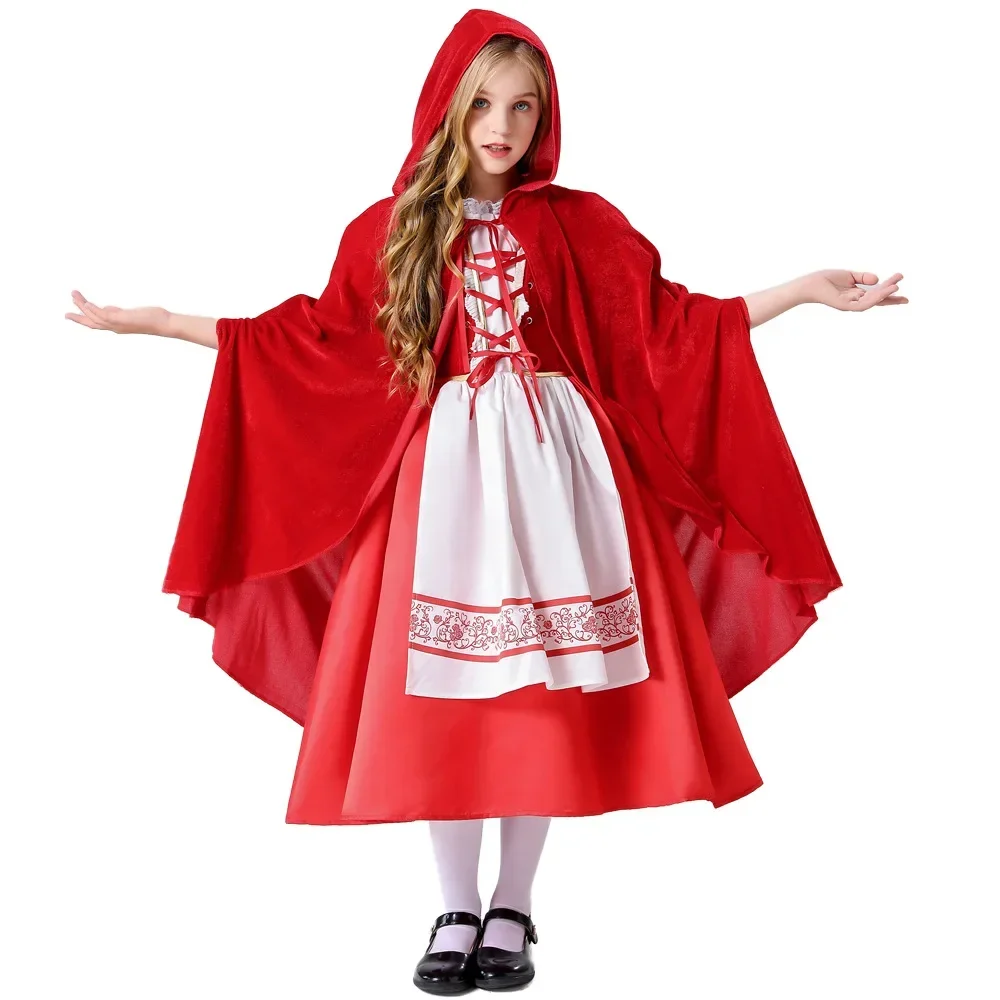 Little Red Riding Hood Costume per ragazze bambini bambini Costume di Halloween Party Dress Fancy Dress + mantello Costume Cosplay