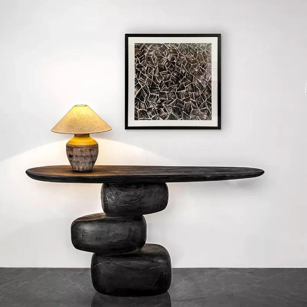 

Консольный стол в стиле ретро из массива дерева, черный, с художественным декором, предмет интерьера