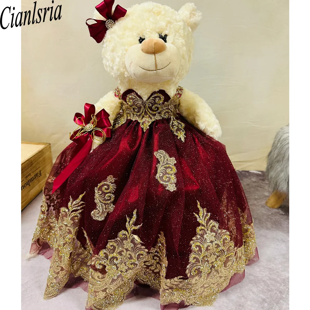 Burgundy Personalized Quinceanera Teddy Bear Dress Gold Lace Applique Beaded Custom Made Little Teddy Bear Dress customsized