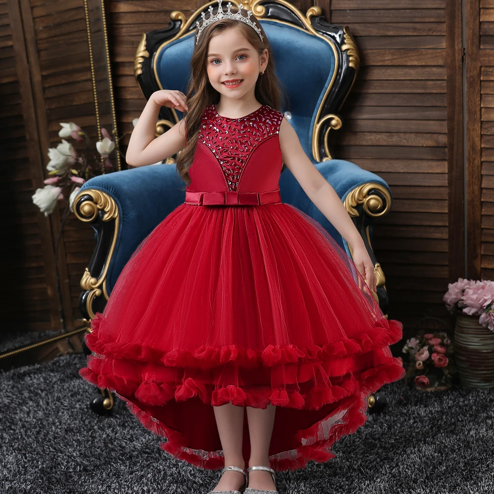 Red Girls\' Winter Child Dress Flower Children Trailing Princess Dress Fluffy Dress Christmas Dress