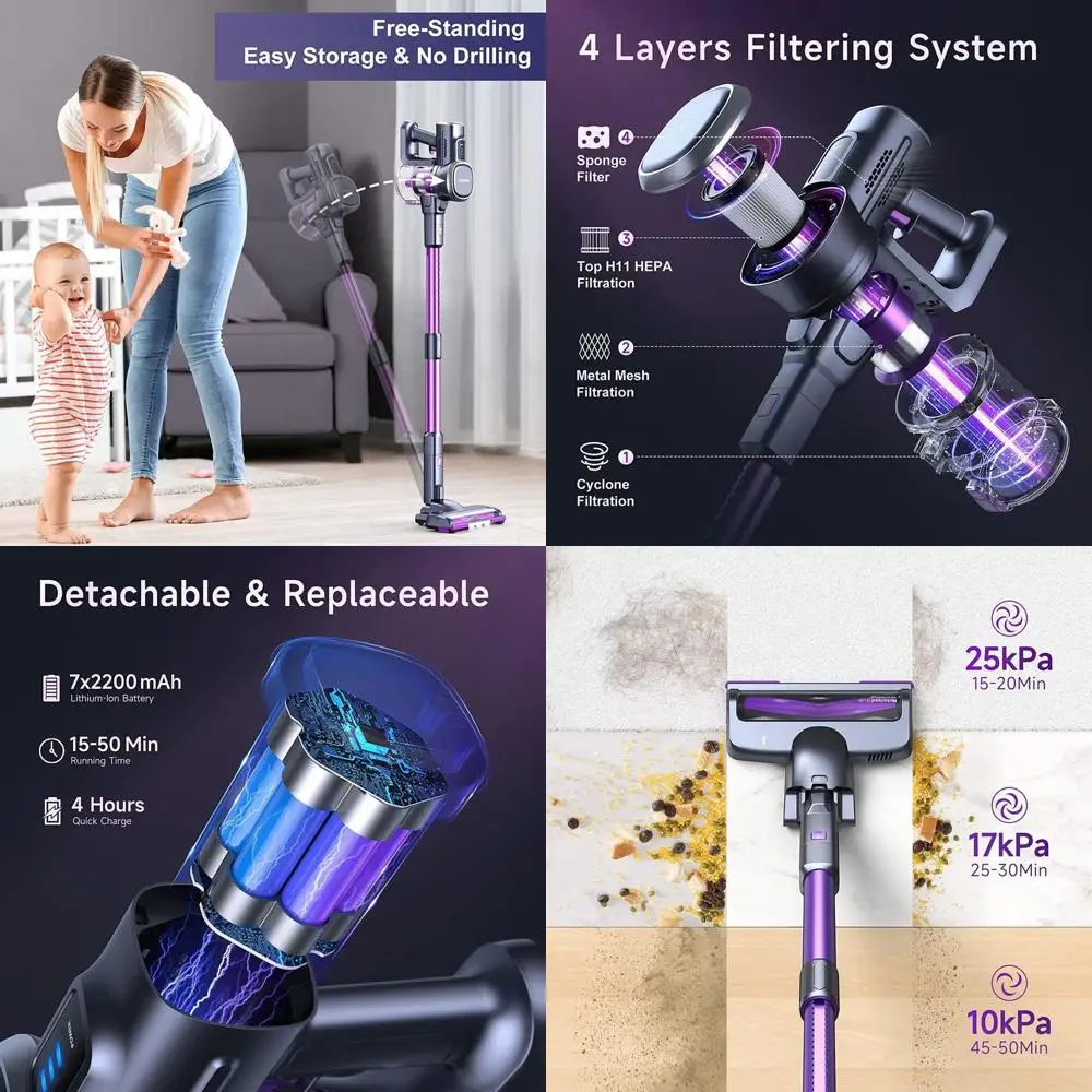 

Легкий беспроводной пылесос фиолетового цвета мощностью 235 Вт, ручной, самостоящийся, идеально подходит для ковров, твердых полов, шерсти домашних животных