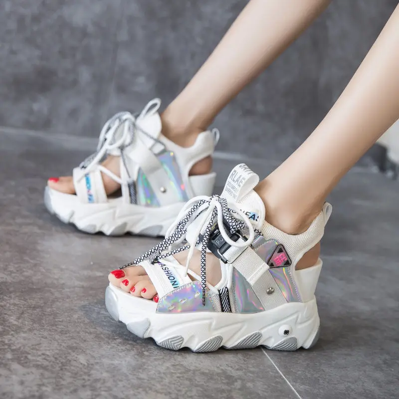 Comemore Leisure Lady Platform Chunky Sandals Mixed Color Shoes Sports Wedge White Sandals Women High Heel Beach Casual Shoes 34