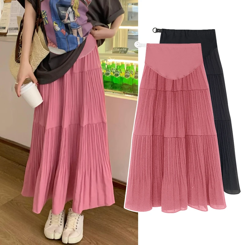 

1142# 2024 Summer Fashion Ruching Patchwork Maternity Long Skirts Belly A Line Loose Clothes For Pregnant Women Pregnancy