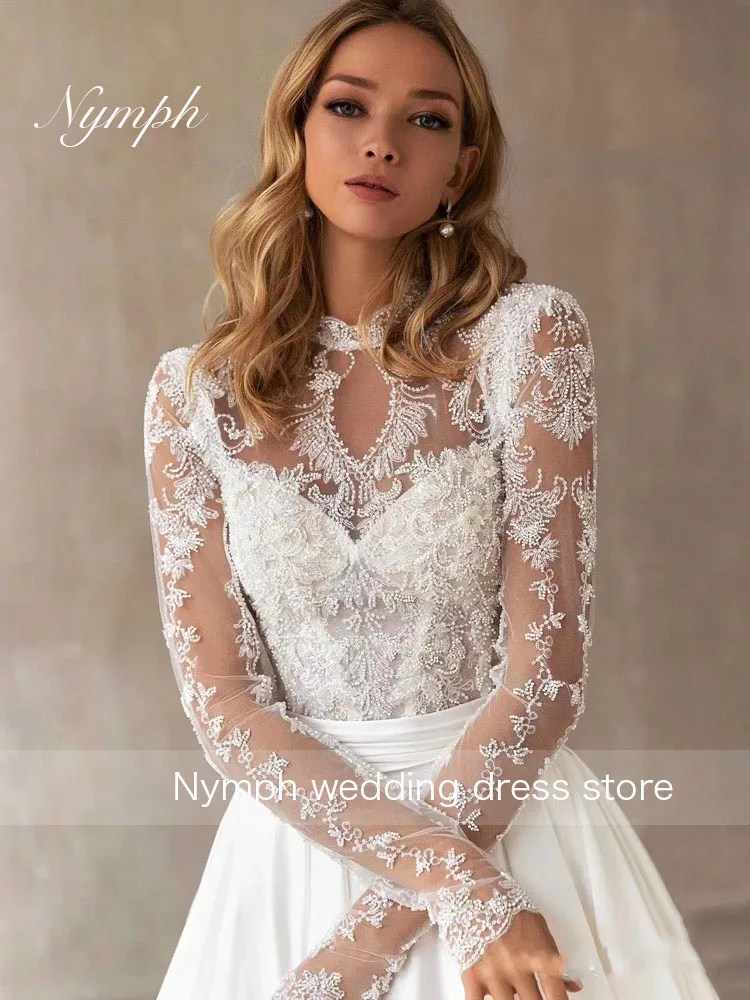 Customized luxurious Wedding Dresses With Detachable Train O-Neck Long Sleeves Bridal Gowns Lace Appliques Vestidos De Novia