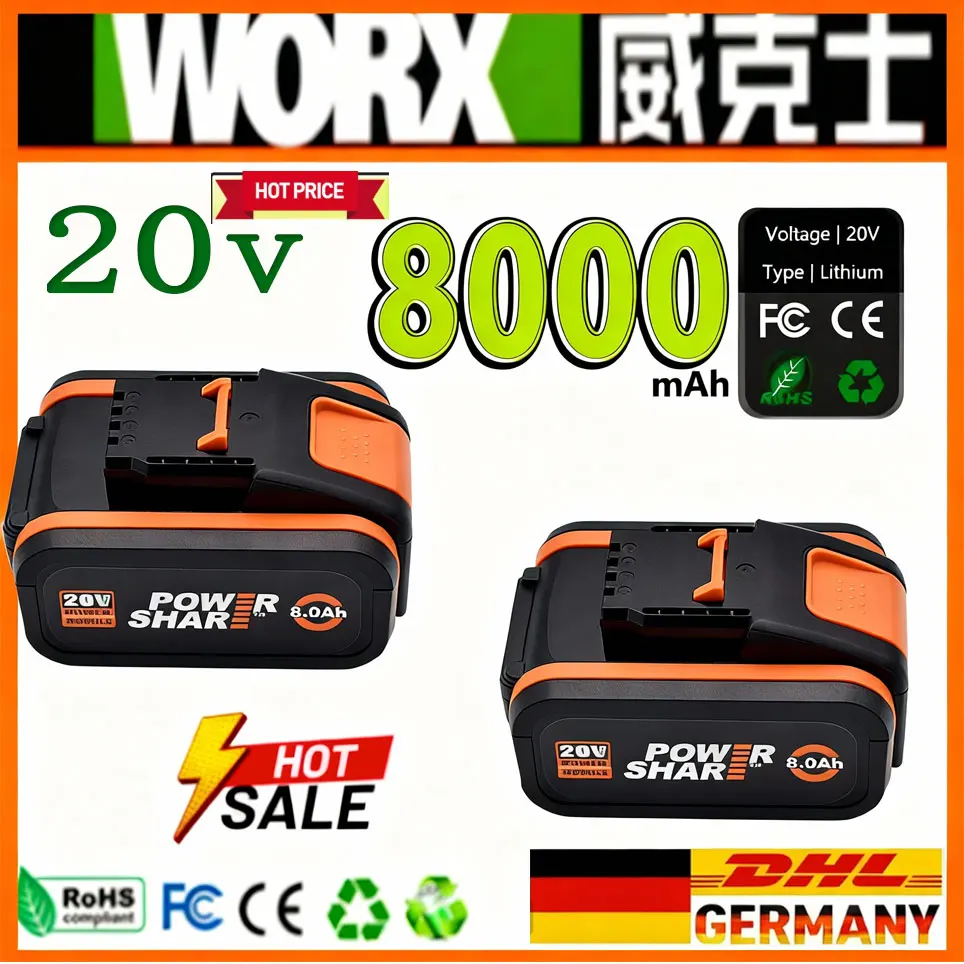 Batterie au lithium-ion Fit WORX Powershare 20V 8Ah WA3644, haute performance et longue durée de vie, compatible avec tous les outils WORX