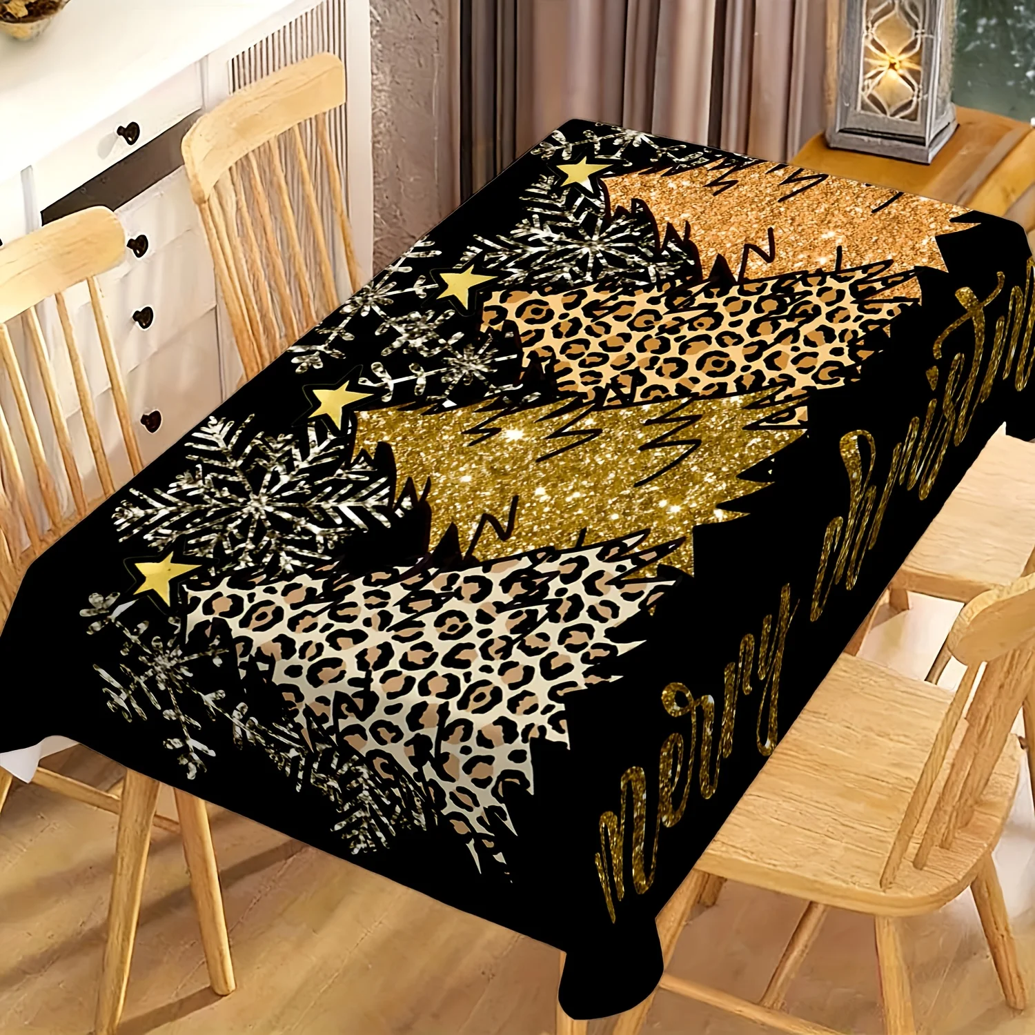 1pc 2D Flat Tablecloth, Leopard Print Christmas Tree Snowflake Star Merry Christmas Printed Rectangle Tablecloth