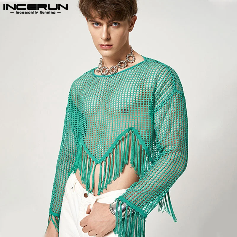 2023 Men T Shirt Mesh Tassel O-neck Long Sleeve Transparent Camisetas Sexy Streetwear Party Fashion Men Clothing S-5XL INCERUN 7