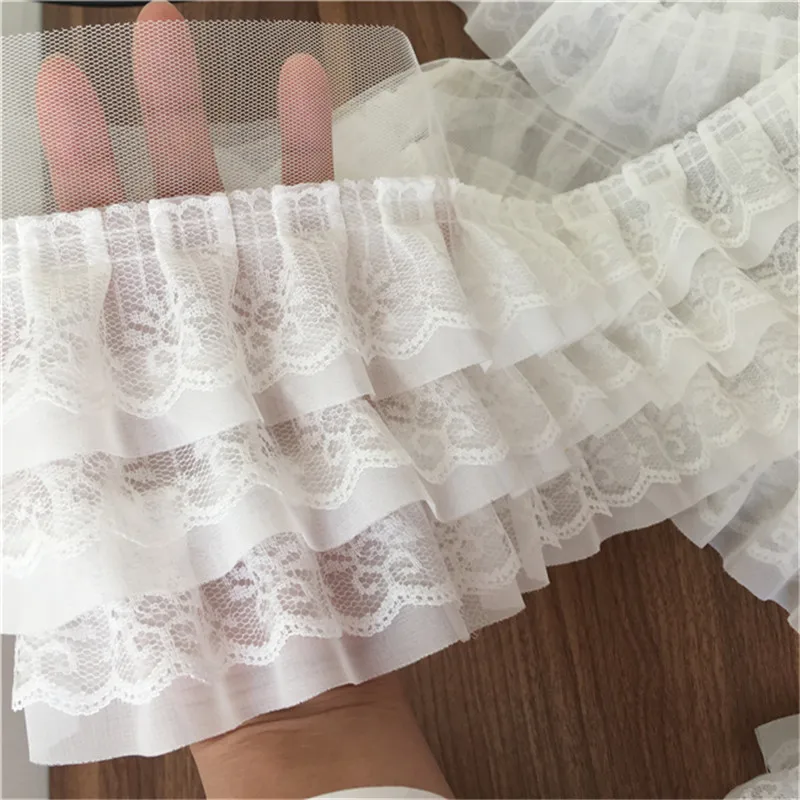 11CM Wide Three Layers Chiffon Pleated Lace Fabric Embroidery Fringe Ribbon Dress Curtain Hemlines Ruffle Trim DIY Sewing Decor