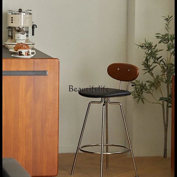 

ls 35 Vintage Bar Stool with Backrest for Home Use, High Stool with Solid Wood, Iron Art, and Stainless Steel