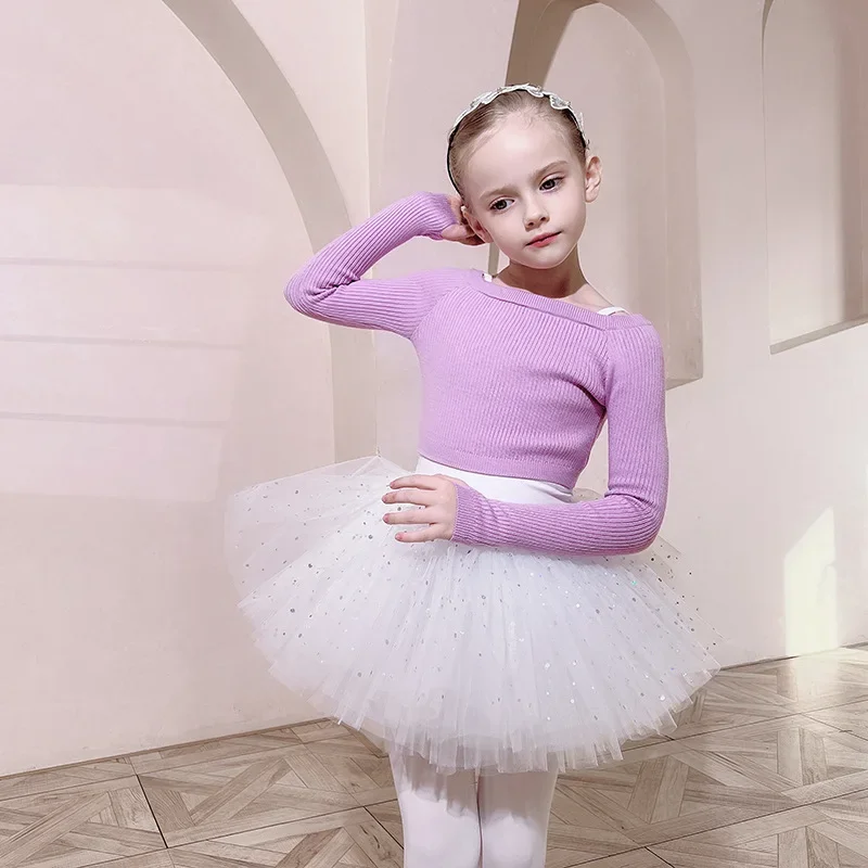 Costumi da balletto per ragazze Maglieria a maniche lunghe Body da balletto Vestiti Autunno Inverno Balletto Danza Spalla piatta Maglione Pullover