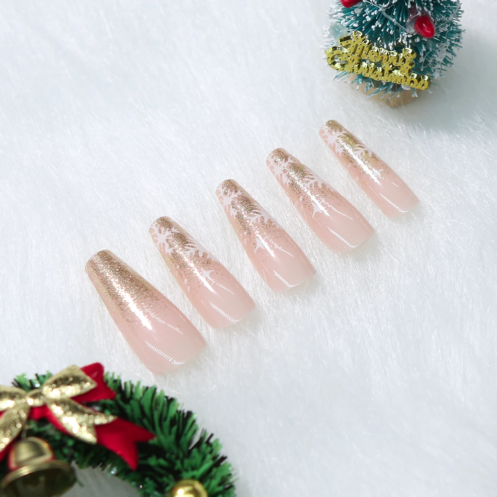 24pcs Gold Glitter Snowflakes Christmas Fake Nails Mid-Long Coffin Press On Nails Winter New Year Women Ballerina Fake Nails Tip