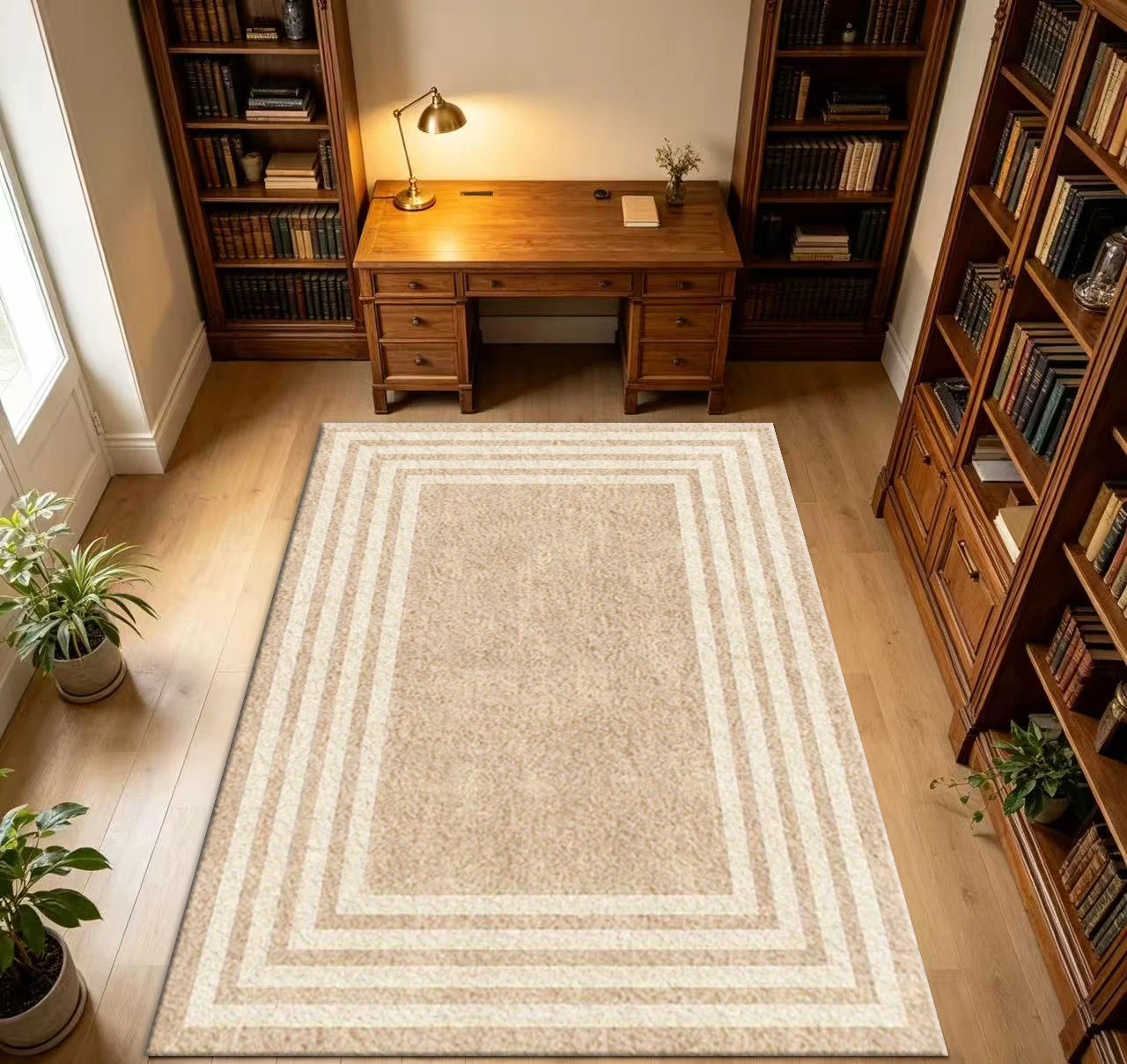 Classic Multi‑Layer Border Beige Area Rug Simple Geometric Frame Floor Carpet for Living Room Bedroom Entryway Home Decor