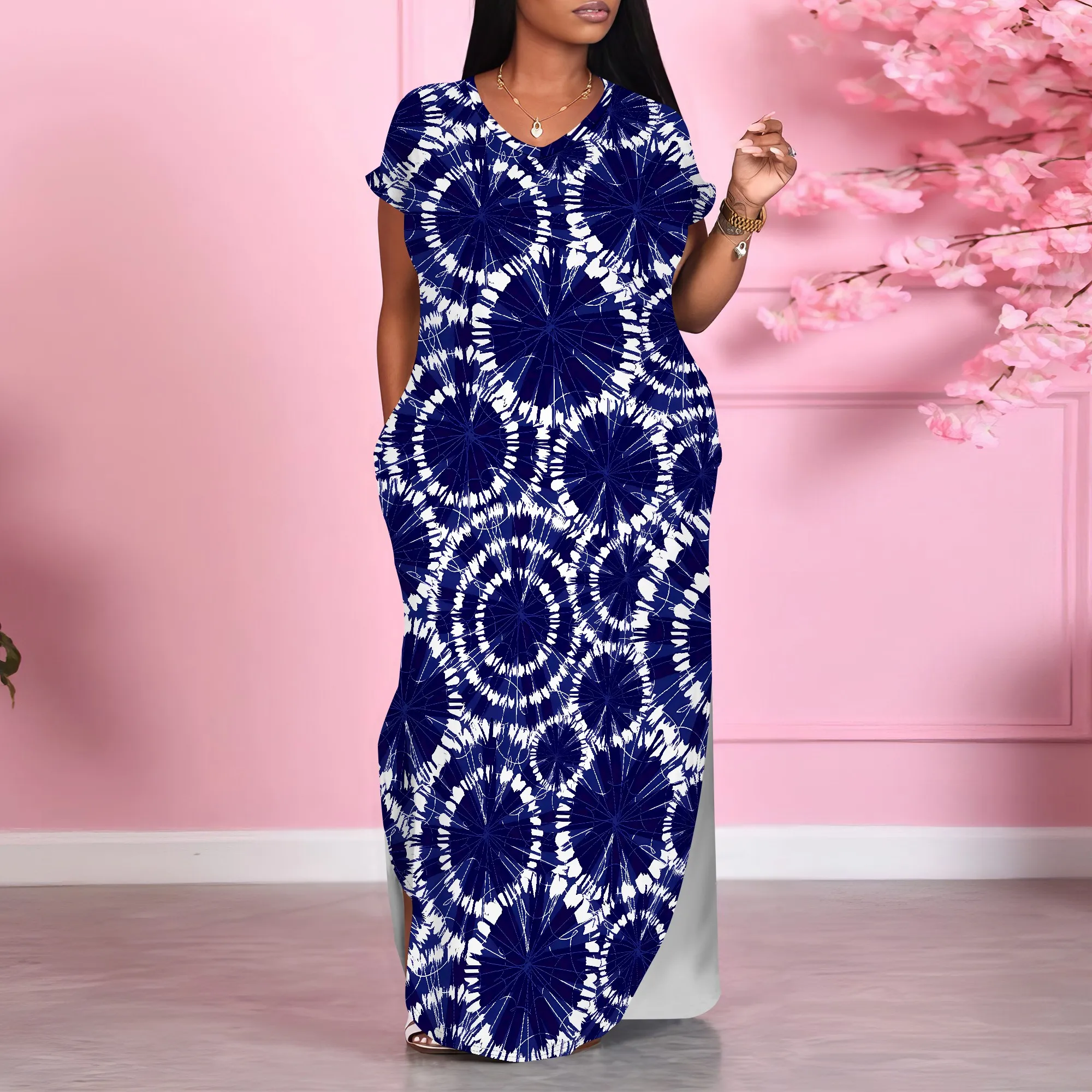 Boho Tie Dye One Shoulder Maxi Dress Summer Casual Loose Long Dress for Women